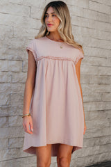 Oatmeal Frilled Trim Crew Neck Loose Fit Mini Dress Mini Dresses JT's Designer Fashion