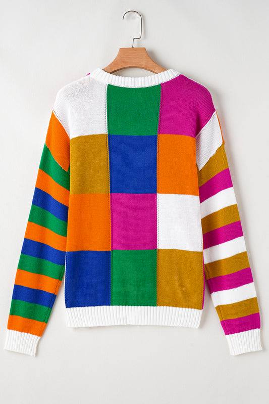 Orange Checkered Color Block Round Neck Loose Sweater Sweaters JT's Designer Fashion