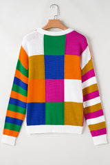 Orange Checkered Color Block Round Neck Loose Sweater Sweaters JT's Designer Fashion