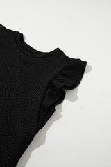 Black Textured Ruffled Sleeve Tee and Drawstring Elastic Waistband Shorts Set Short Sets JT's Designer Fashion