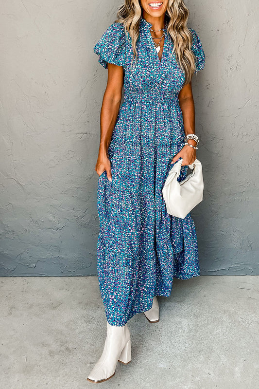 Blue Printed Split V Neck Shirred High Waist Maxi Dress Dresses JT's Designer Fashion