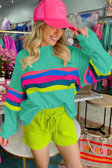 Green Colorful Striped Accent Long Sleeve T Shirt Long Sleeve Tops JT's Designer Fashion