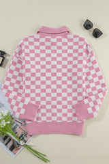 Pink Checkered Buttons Collar V Neck Drop Shoulder Sweater Sweaters JT's Designer Fashion