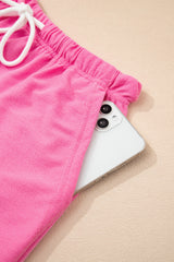 Bonbon V Neck Drop Shoulder Tee and Patchwork Drawstring Elastic Waistband Shorts Set Short Sets JT's Designer Fashion