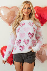 Pink Heart Leopard Print Pearled Ribbed Trim Fuzzy Sweater Pink 100%Polyamide Sweaters JT's Designer Fashion