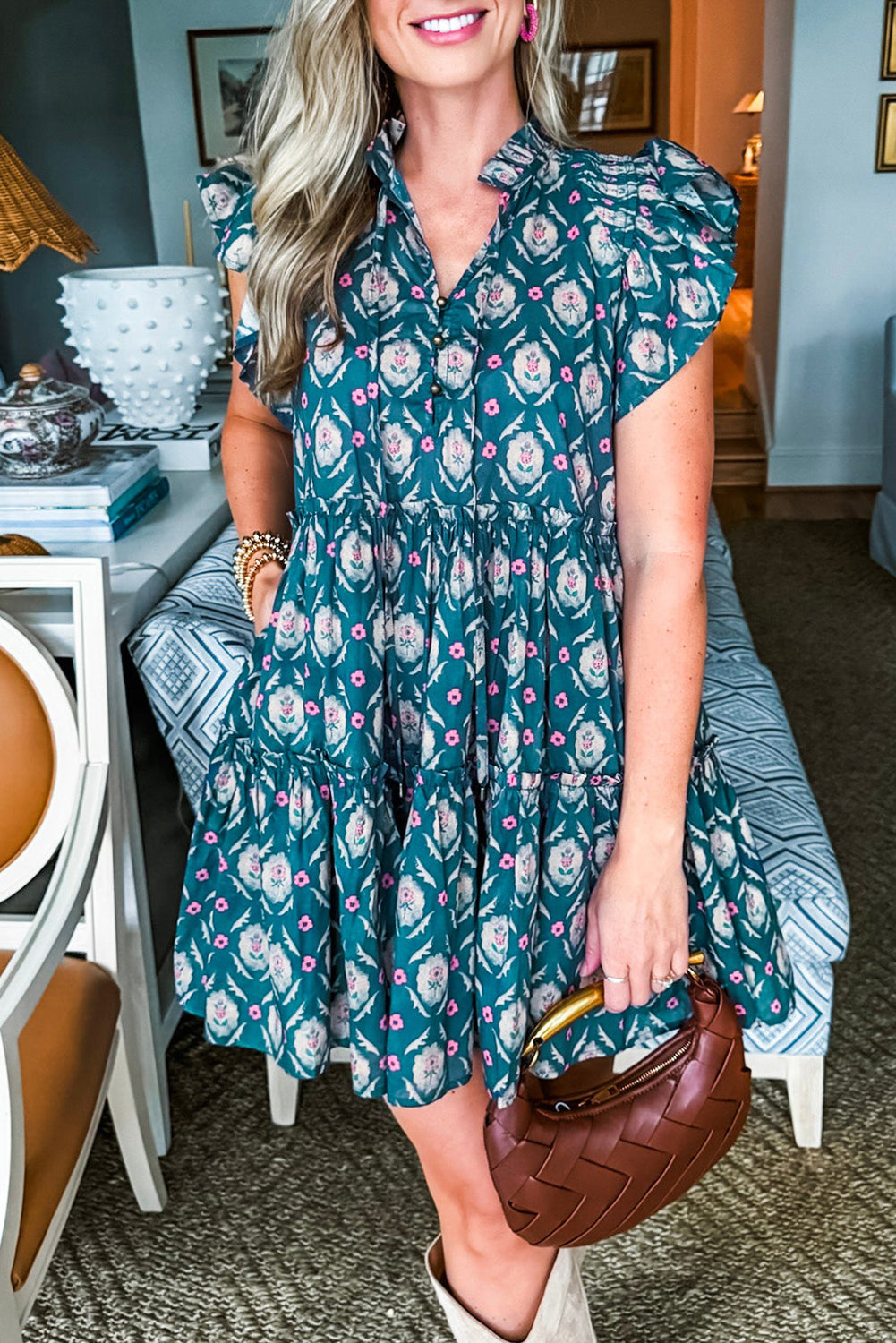 Blue Retro Floral Print Split Neck Ruffle Short Sleeve Dress Floral Dresses JT's Designer Fashion
