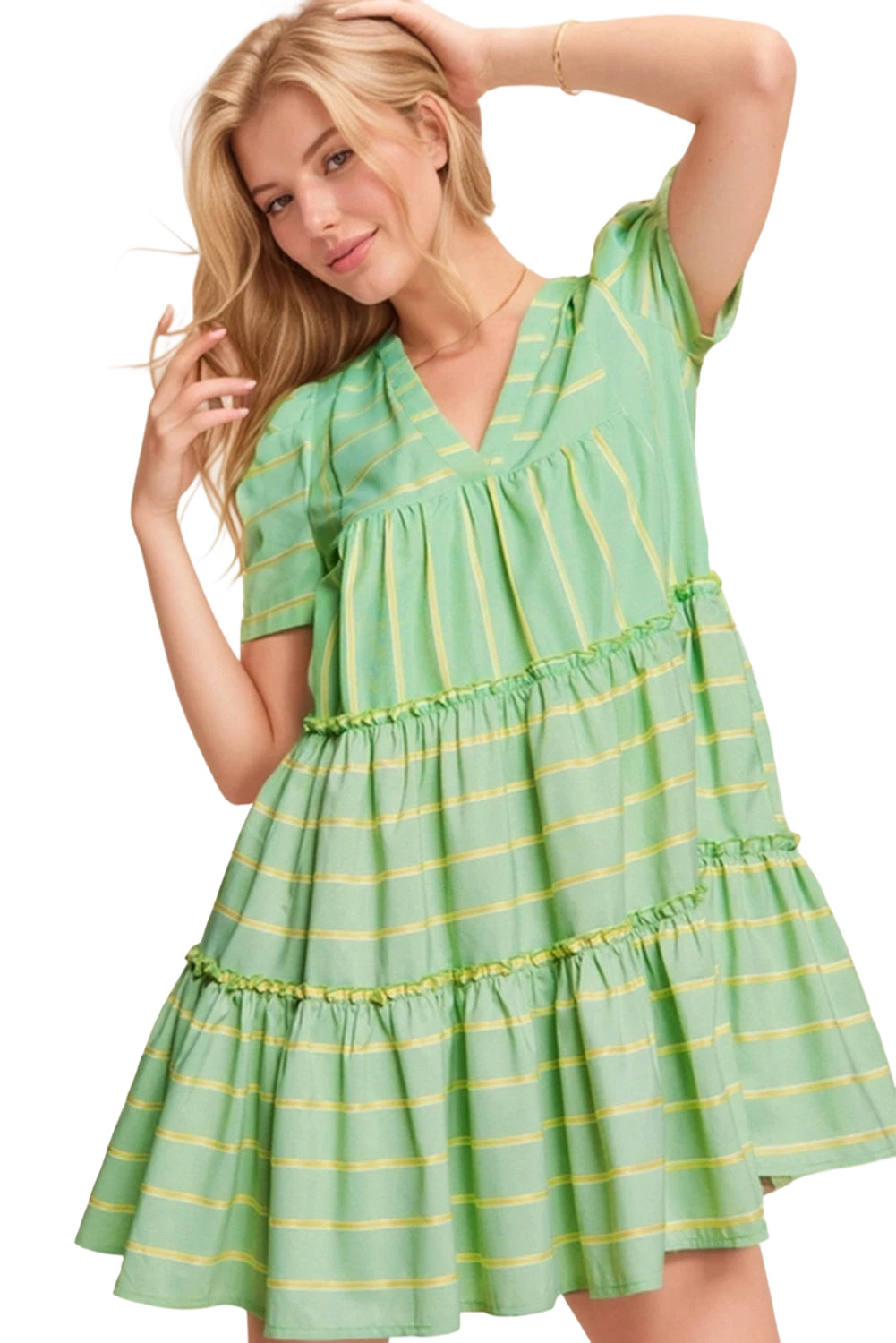 Green Stripe V Neck Short Sleeve Frilled Detail A-line Dress Dresses JT's Designer Fashion
