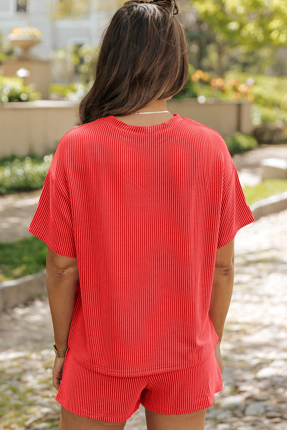 Ribbed Textured Knit Loose Fit Tee and Shorts Set Short Sets JT's Designer Fashion