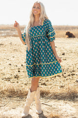Skobeloff Floral Contrast Trim Square Neck Puff Sleeve Dress Floral Dresses JT's Designer Fashion