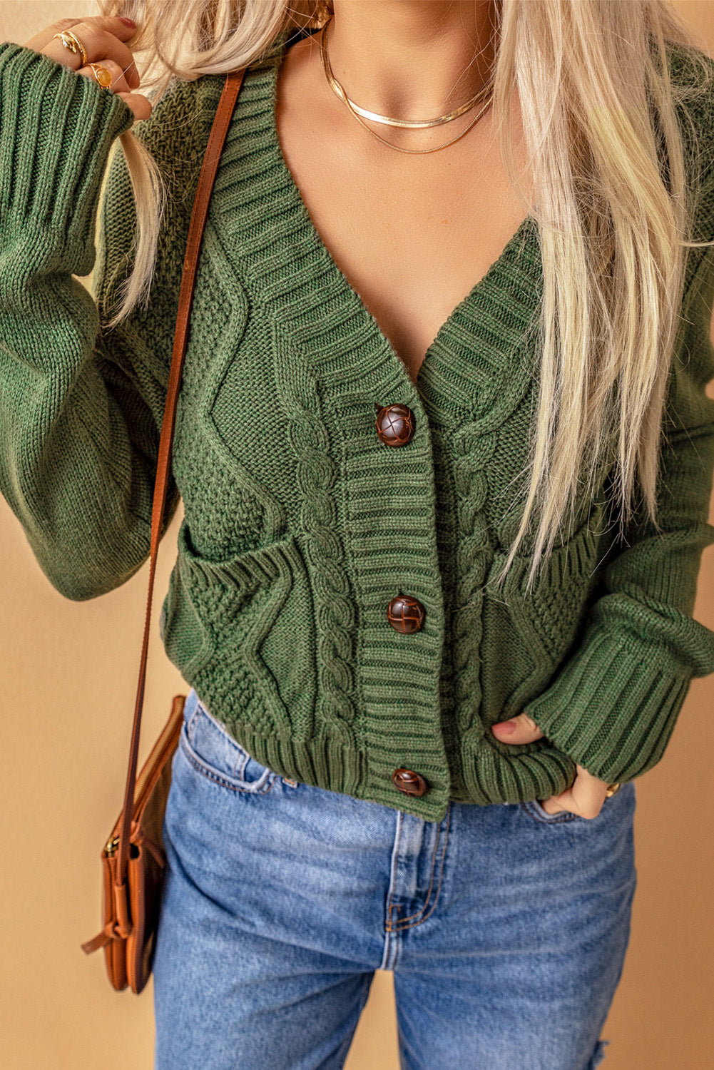 Green Front Pockets Buttons Textured Cardigan Sweaters & Cardigans JT's Designer Fashion