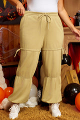 Beige Drawstring Adjusted Band High Waist Plus Size Pants Beige 65%Polyester+35%Cotton Plus Size Bottoms JT's Designer Fashion