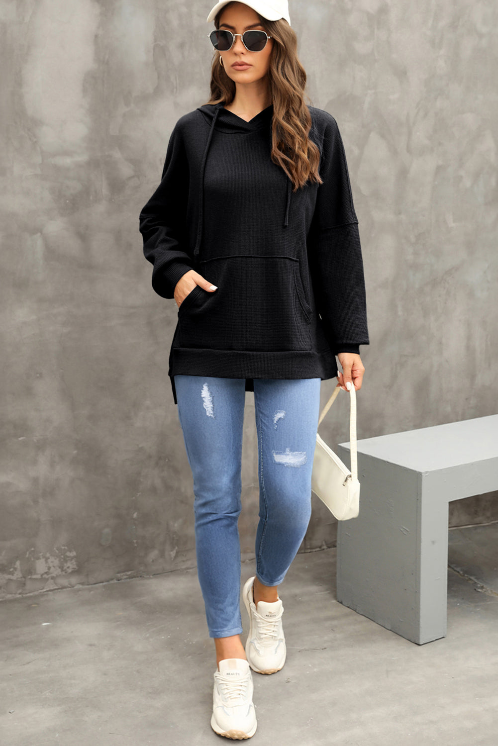 Black Waffle Knit Fleece Lined High Low Oversized Hoodie Sweatshirts & Hoodies JT's Designer Fashion