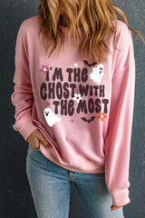Pink Halloween Slogan Ghost Bat Graphic Drop Shoulder Sweatshirt Graphic Sweatshirts JT's Designer Fashion