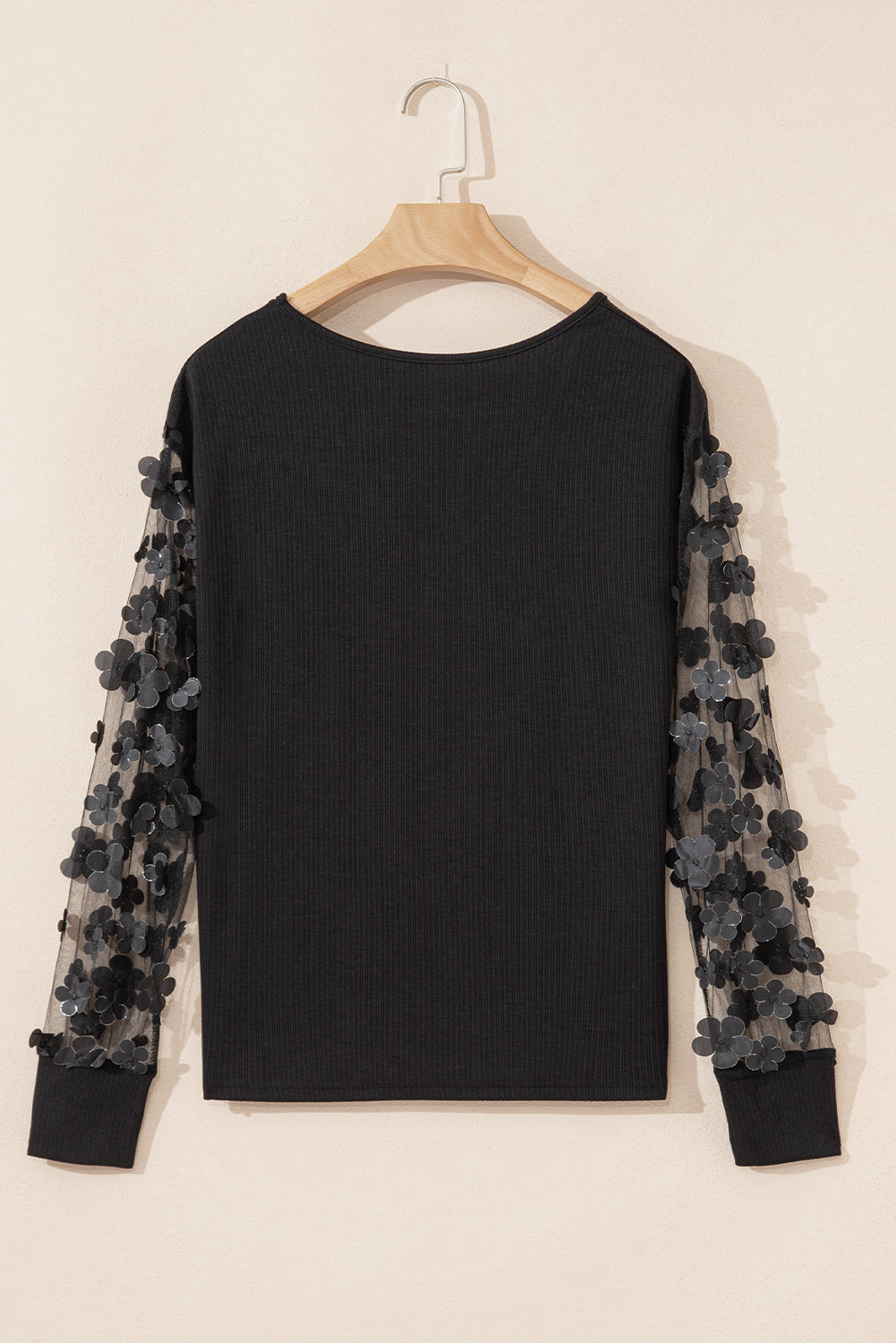 Black Flower Applique Mesh Long Sleeve V Neck Blouse Blouses & Shirts JT's Designer Fashion