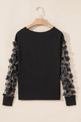 Black Flower Applique Mesh Long Sleeve V Neck Blouse Blouses & Shirts JT's Designer Fashion