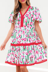 Pink Floral Print Contrast Trim V Neck Bubble Short Sleeve Babydoll Dress Floral Dresses JT's Designer Fashion