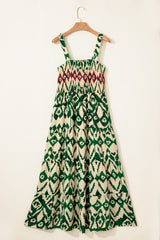 Green Western Aztec Shirred A-line Sleeveless Long Dress Maxi Dresses JT's Designer Fashion