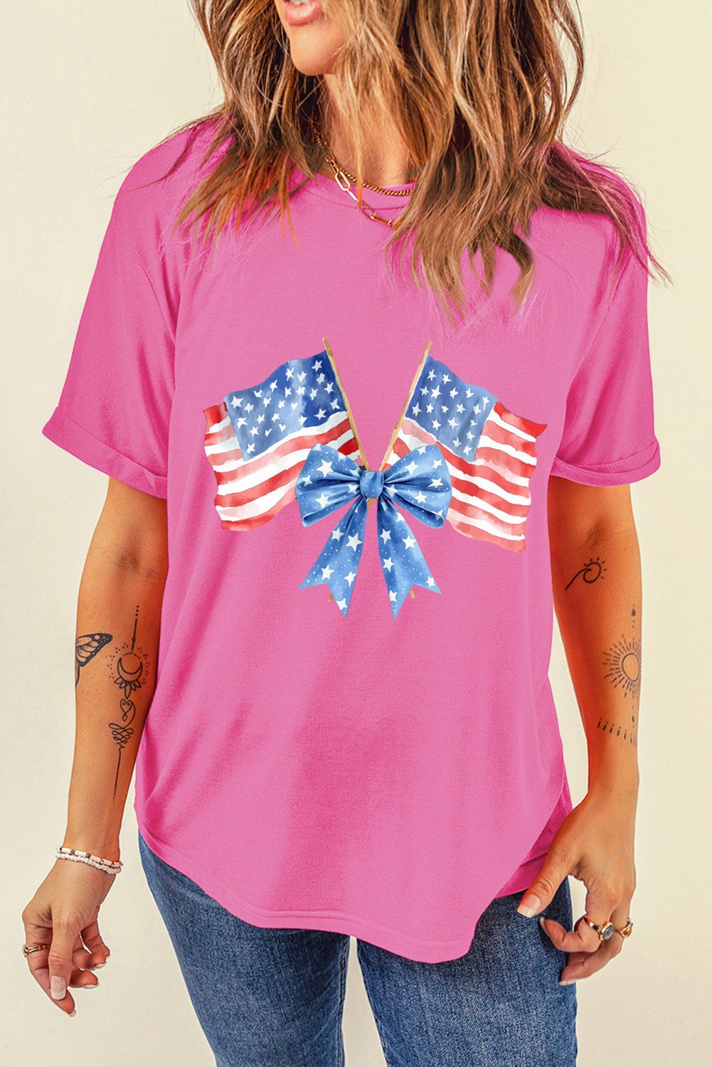 Sachet Pink Dual American Flag Bow Printed Casual T Shirt Graphic Tees JT's Designer Fashion