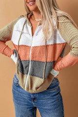 Multicolor Zipped Front Colorblock Hollow-out Knit Hoodie Sweatshirts & Hoodies JT's Designer Fashion