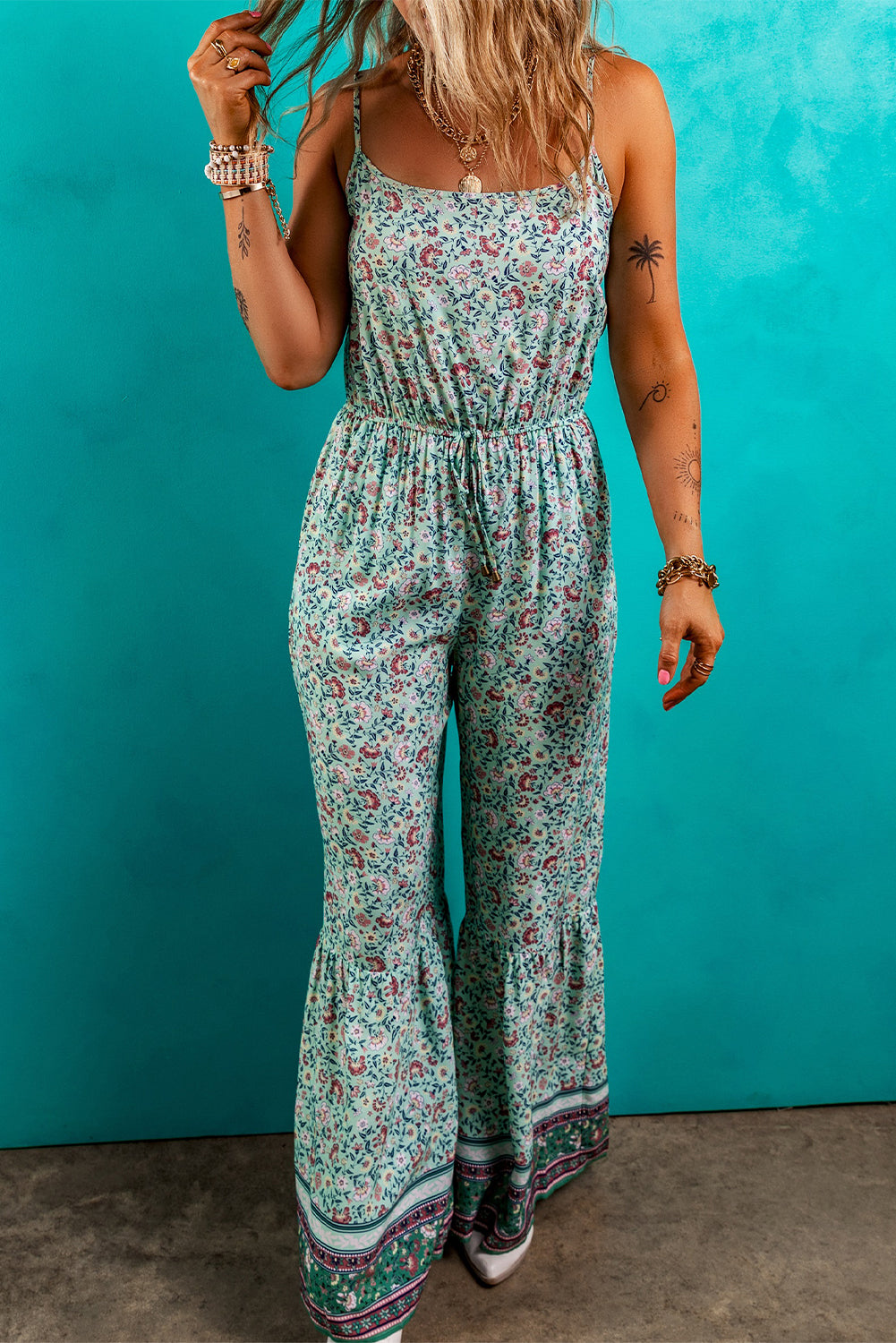 Green Bohemian Floral Ruffle Bottom Spaghetti Strap Jumpsuit Jumpsuits & Rompers JT's Designer Fashion
