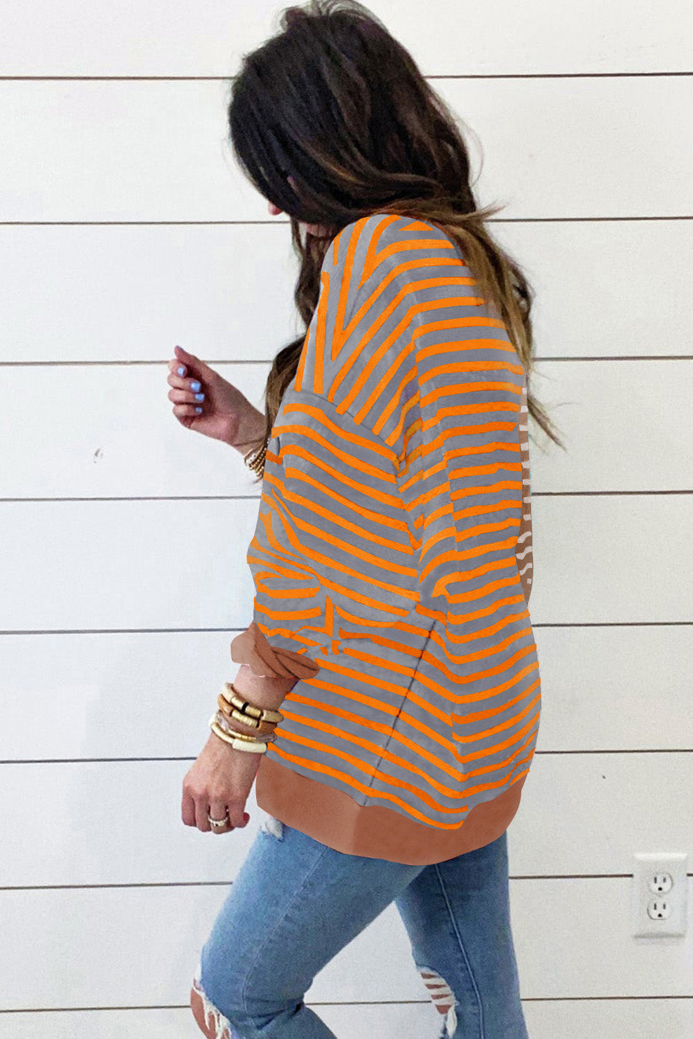 Brown Stripe Casual Stripe Colorblock Drop Shoulder Oversize Sweatshirt Sweatshirts & Hoodies JT's Designer Fashion