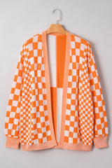 Orange Checkered Bubble Sleeve Drop Shoulder Open Cardigan Plus Size Sweaters & Cardigans JT's Designer Fashion