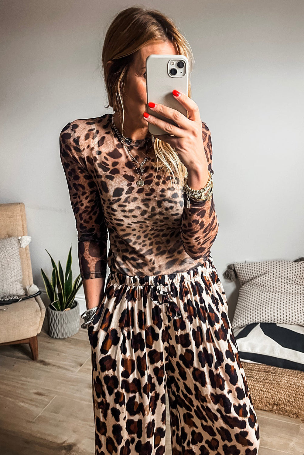 Brown Leopard Round Neck Long Sleeve Slim Top Long Sleeve Tops JT's Designer Fashion