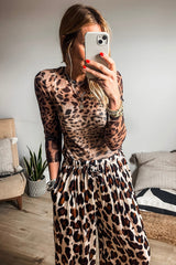 Brown Leopard Round Neck Long Sleeve Slim Top Long Sleeve Tops JT's Designer Fashion