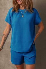 Bluing Solid Textured Crew Neck Short Set Short Sets JT's Designer Fashion