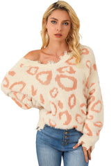 Leopard Animal Print Distressed Trim Fuzzy Sweater Sweaters & Cardigans JT's Designer Fashion