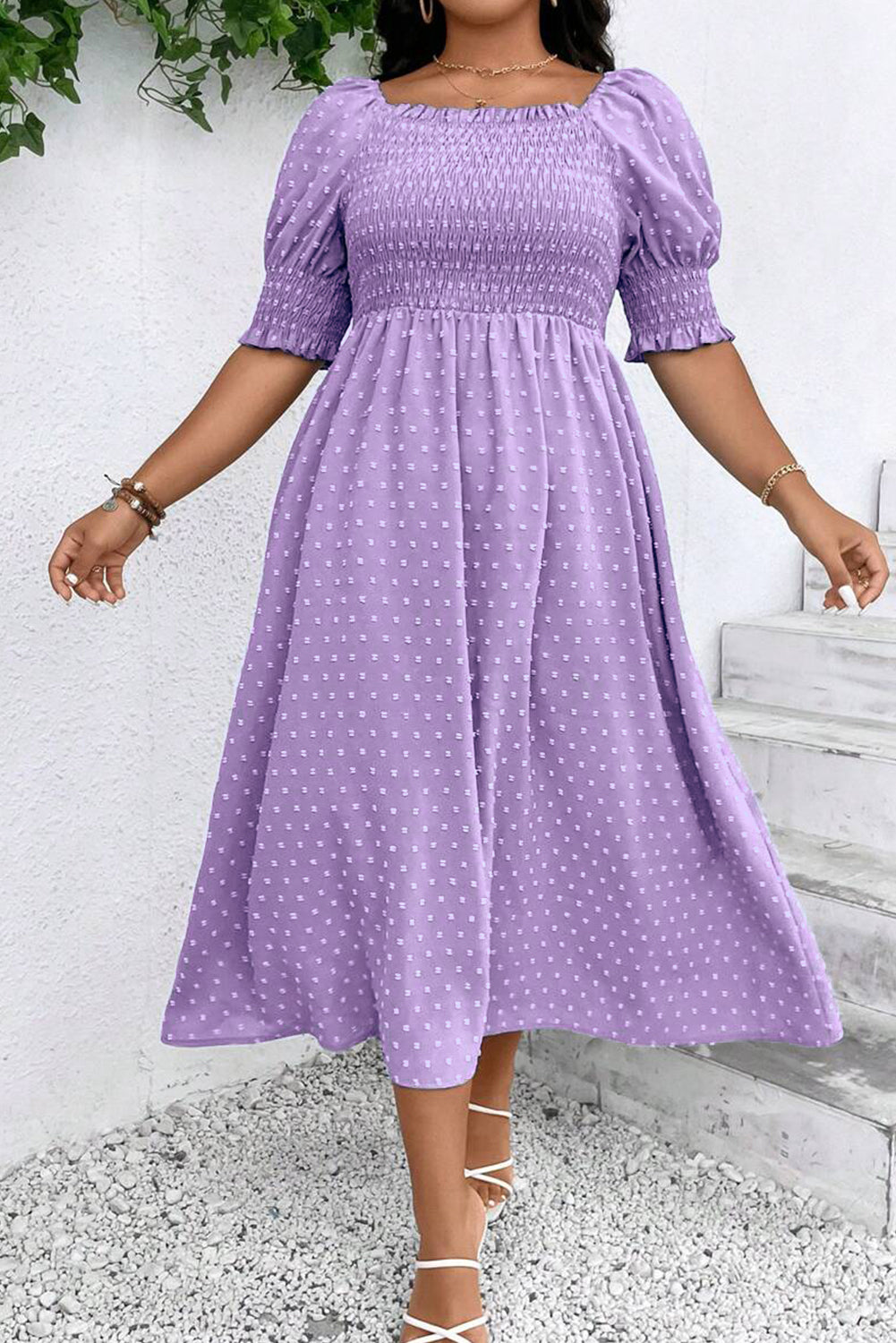 Wisteria Swiss Dot Smocked Frilled Neckline Short Sleeve Plus Size Dress Plus Size Maxi Dresses JT's Designer Fashion