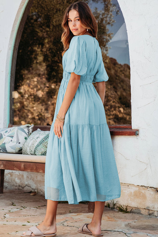 Light Blue Puff Sleeve Pleated High Waist Flowy Long Dress Maxi Dresses JT's Designer Fashion