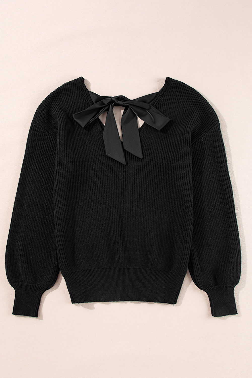 Black Lantern Sleeve V Neck Knot Back Sweater Sweaters JT's Designer Fashion