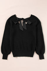 Black Lantern Sleeve V Neck Knot Back Sweater Sweaters JT's Designer Fashion