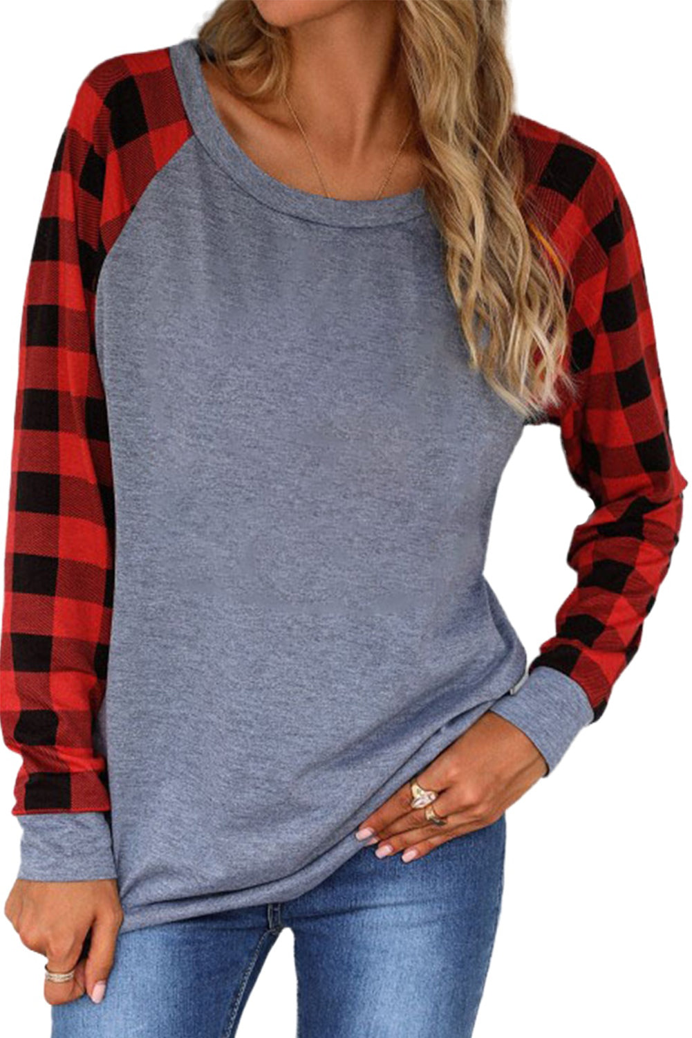 Fiery Red Plaid Raglan Long Sleeve Top Long Sleeve Tops JT's Designer Fashion