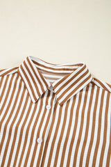 Brown Stripe Ruffled Hem Collared Long Sleeve Shirt Mini Dress Mini Dresses JT's Designer Fashion