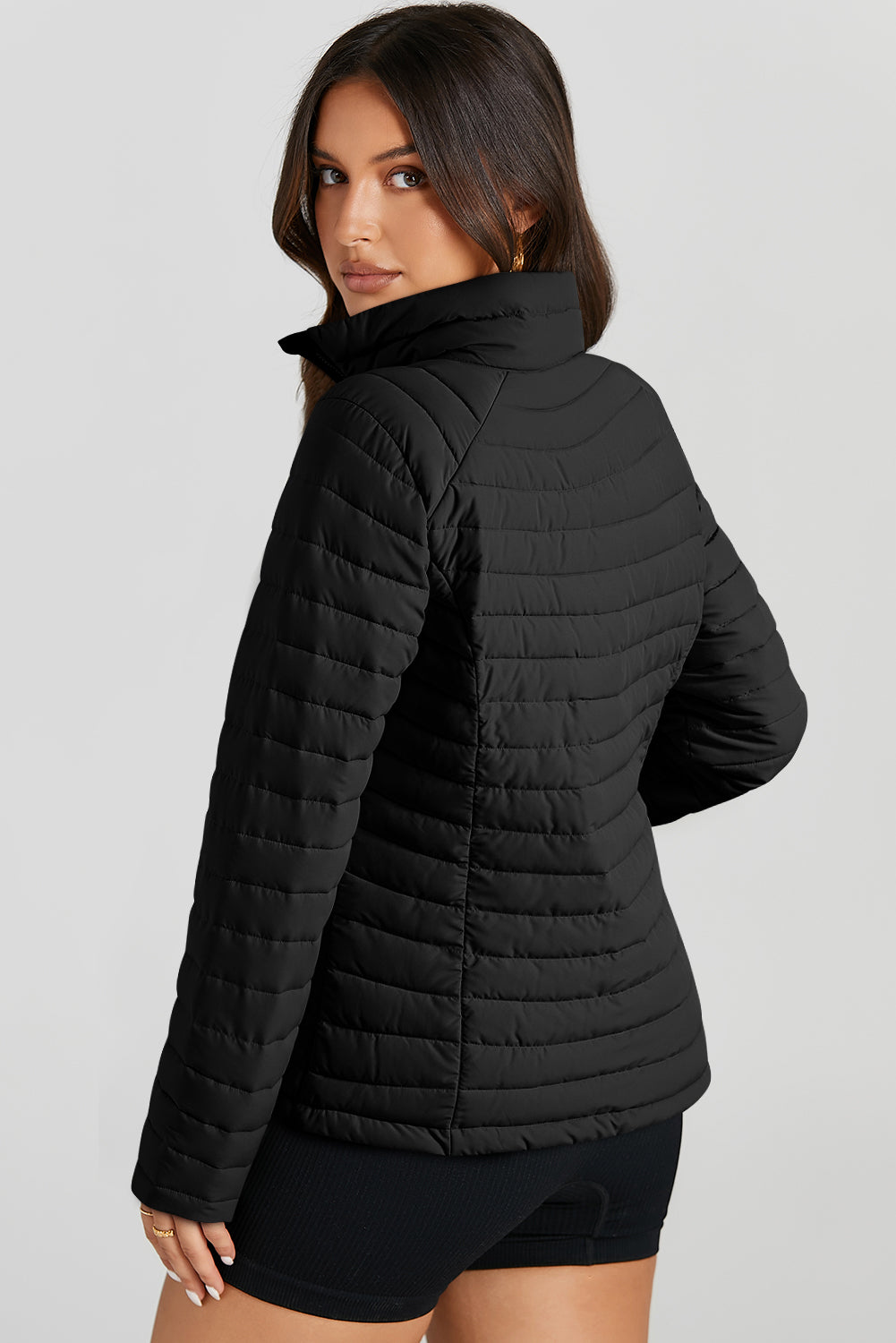 Black Solid Color Quilted Zip-up Puffer Jacket Jackets JT's Designer Fashion