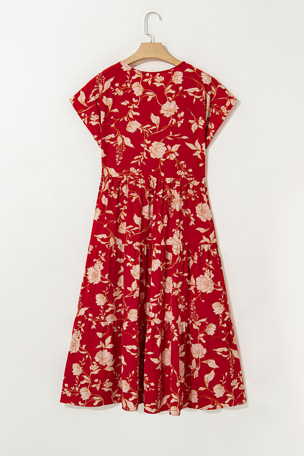 Red Floral Print Buttoned Front V Neck Tiered Short Sleeve Midi Dress Midi Dresses JT's Designer Fashion