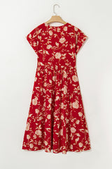 Red Floral Print Buttoned Front V Neck Tiered Short Sleeve Midi Dress Midi Dresses JT's Designer Fashion