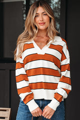 Brown Stripe Ribbed Polo Collar Drop Shoulder Sweater Brown Stripe 52%Viscose+26%Polyester+22%Polyamide Sweaters JT's Designer Fashion