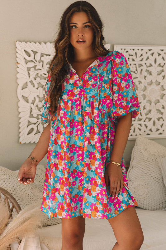 Sky Blue Floral Print Tie Split Neck Bubble Sleeve Babydoll Dress Sky Blue 100%Polyester Floral Dresses JT's Designer Fashion