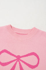 Pink Bow Graphic Drop Shoulder Round Neck Sweater Sweaters JT's Designer Fashion
