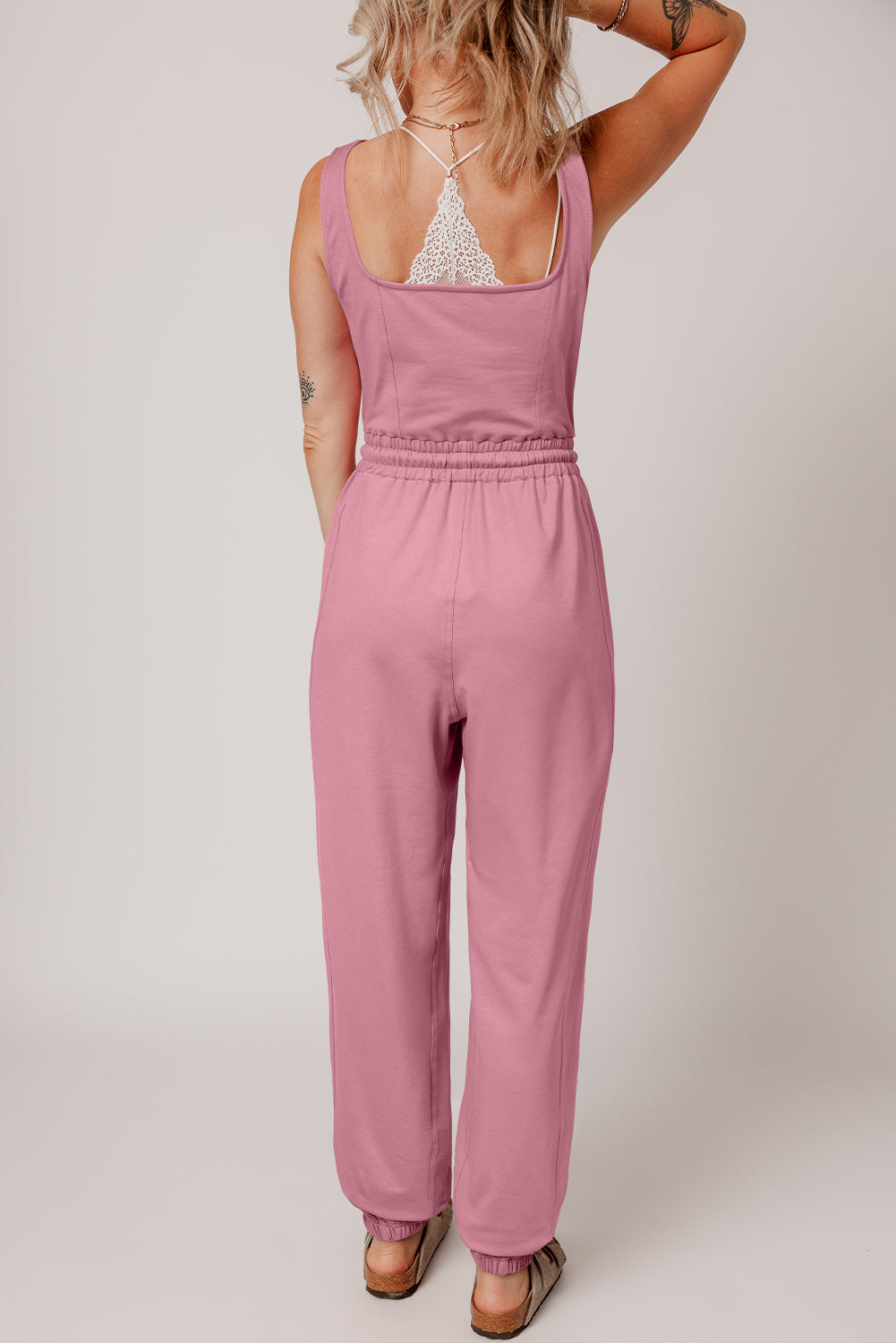 Light Pink Lace-up Elastic Waist Sleeveless Square Neck Jumpsuit Bottoms JT's Designer Fashion