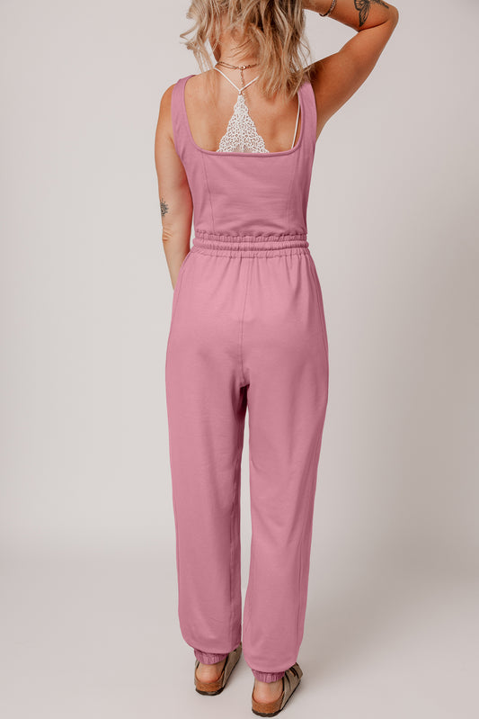 Light Pink Lace-up Elastic Waist Sleeveless Square Neck Jumpsuit Bottoms JT's Designer Fashion