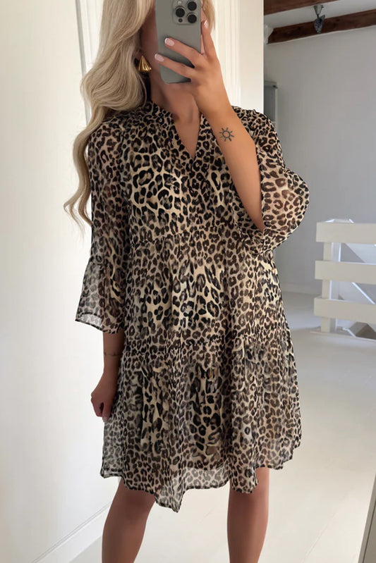 Khaki Leopard 3/4 Sleeve V Neck Swing Dress Mini Dresses JT's Designer Fashion