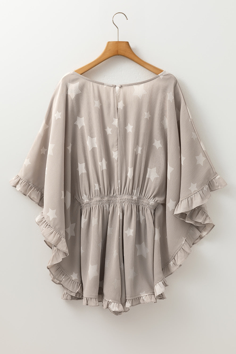 Gray Star Print Crinkle Textured Kimono Ruffle Sleeve Romper Bottoms JT's Designer Fashion