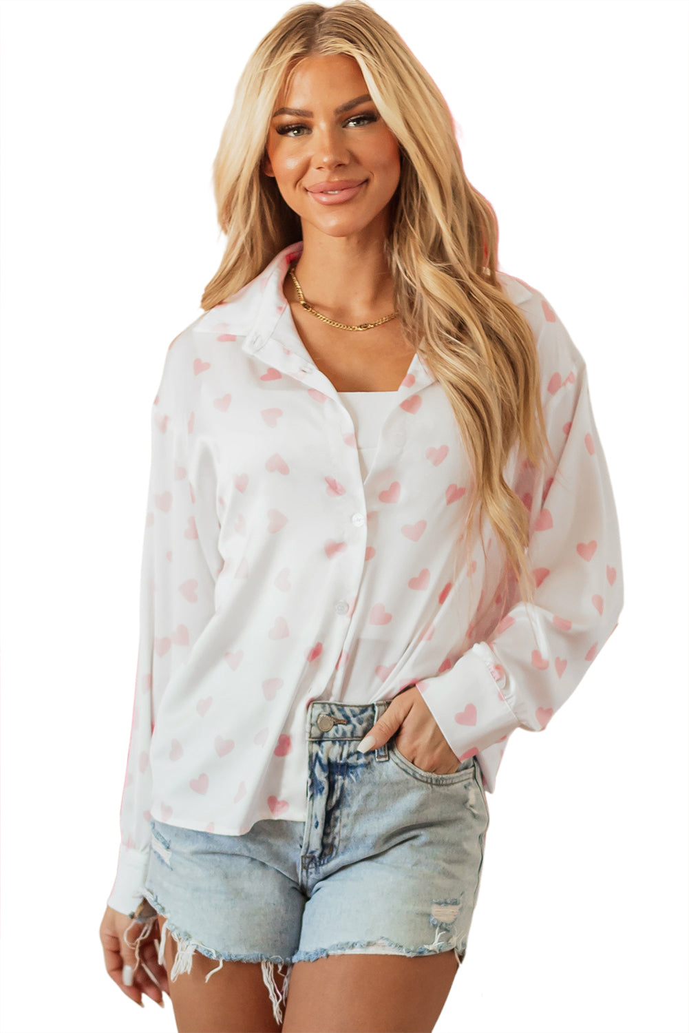 White Love Heart Print Drop Shoulder Puff Sleeve Shirt Blouses & Shirts JT's Designer Fashion