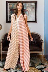 Orange Stripe Oversized Buttoned Front Sleeveless Wide Leg Jumpsuit Jumpsuits & Rompers JT's Designer Fashion