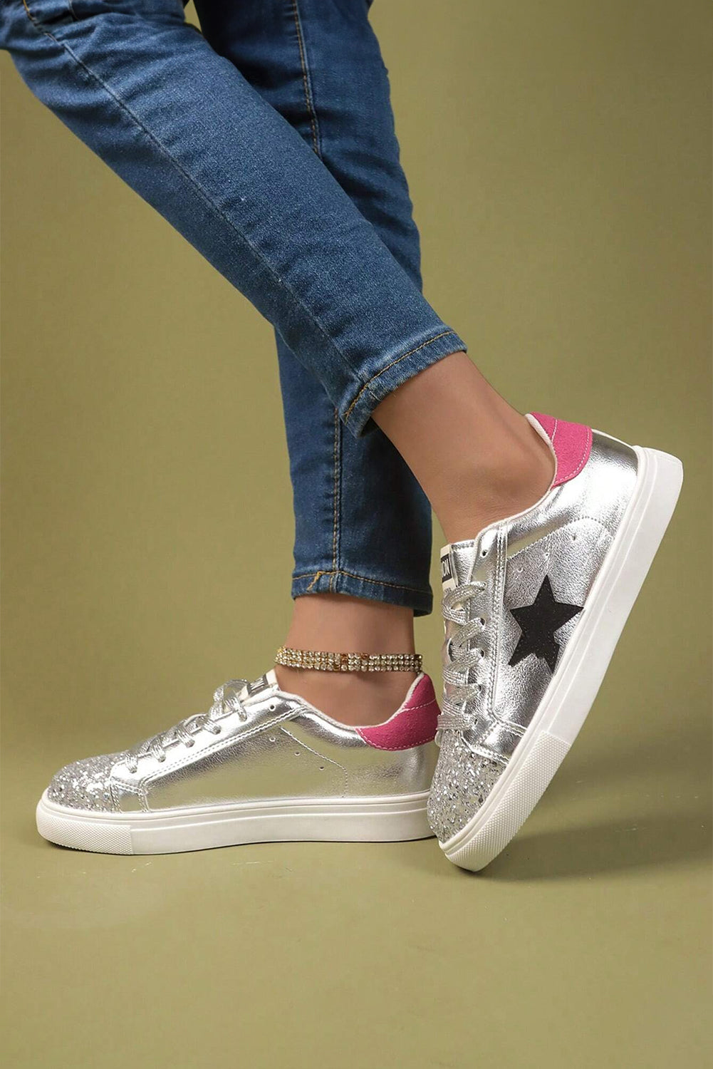 Silvery Metallic Luster Star Pattern Slip On Flat Shoes Women's Shoes JT's Designer Fashion