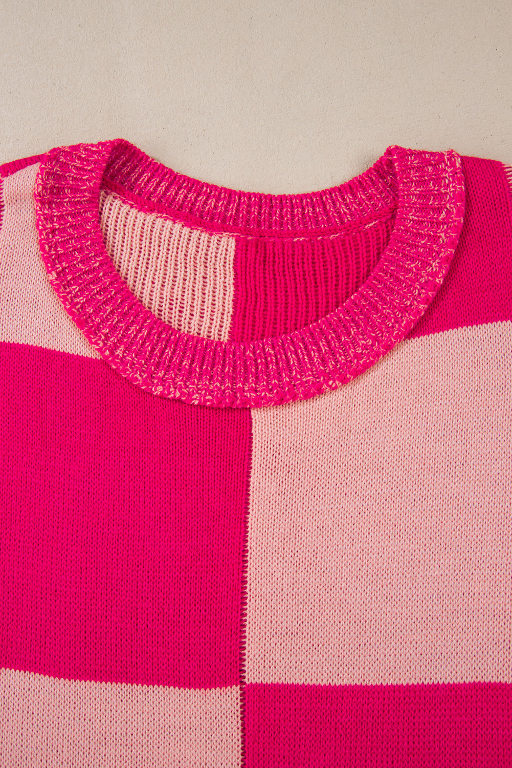 Rose Red Mixed Checkered Pattern Drop Shoulder Loose Sweater Sweaters JT's Designer Fashion